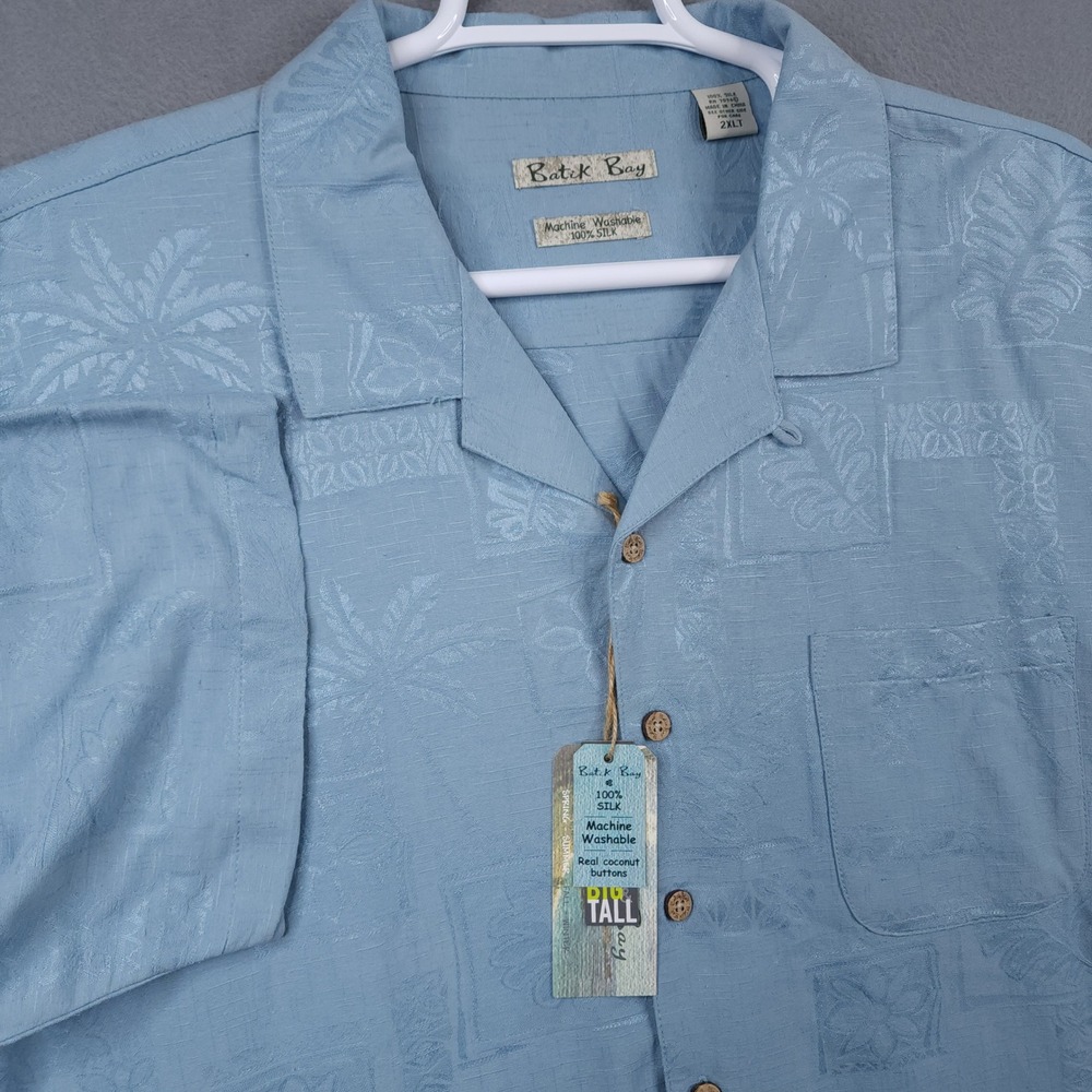 Batik Bay Mens 2XLT Dusty Teal 100% Silk Jacquard Hawaiian Shirt Loop Collar NWT
